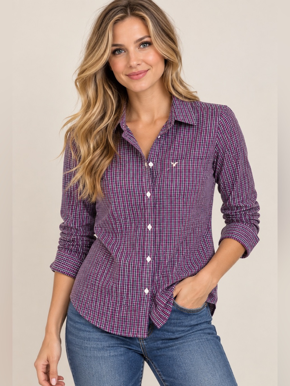 American Eagle Favorite Shirt Womens 6 Purple Plaid 100% Cotton Button Up